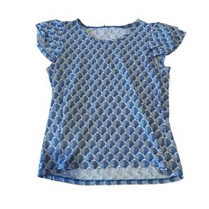 Ann Taylor Blue Seashell Print Ruffle Sleeve Top summer cute feminine tropical